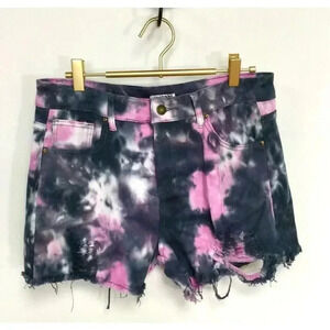 Guanyy Womens XL Tie Dye Shorts Pink Black Distressed Pockets Streetwear NWT